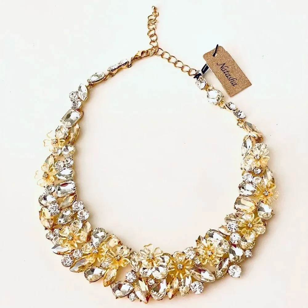 NWT So Gorgeous Natasha Flowers Gold white Crystal Stones Statement Necklace